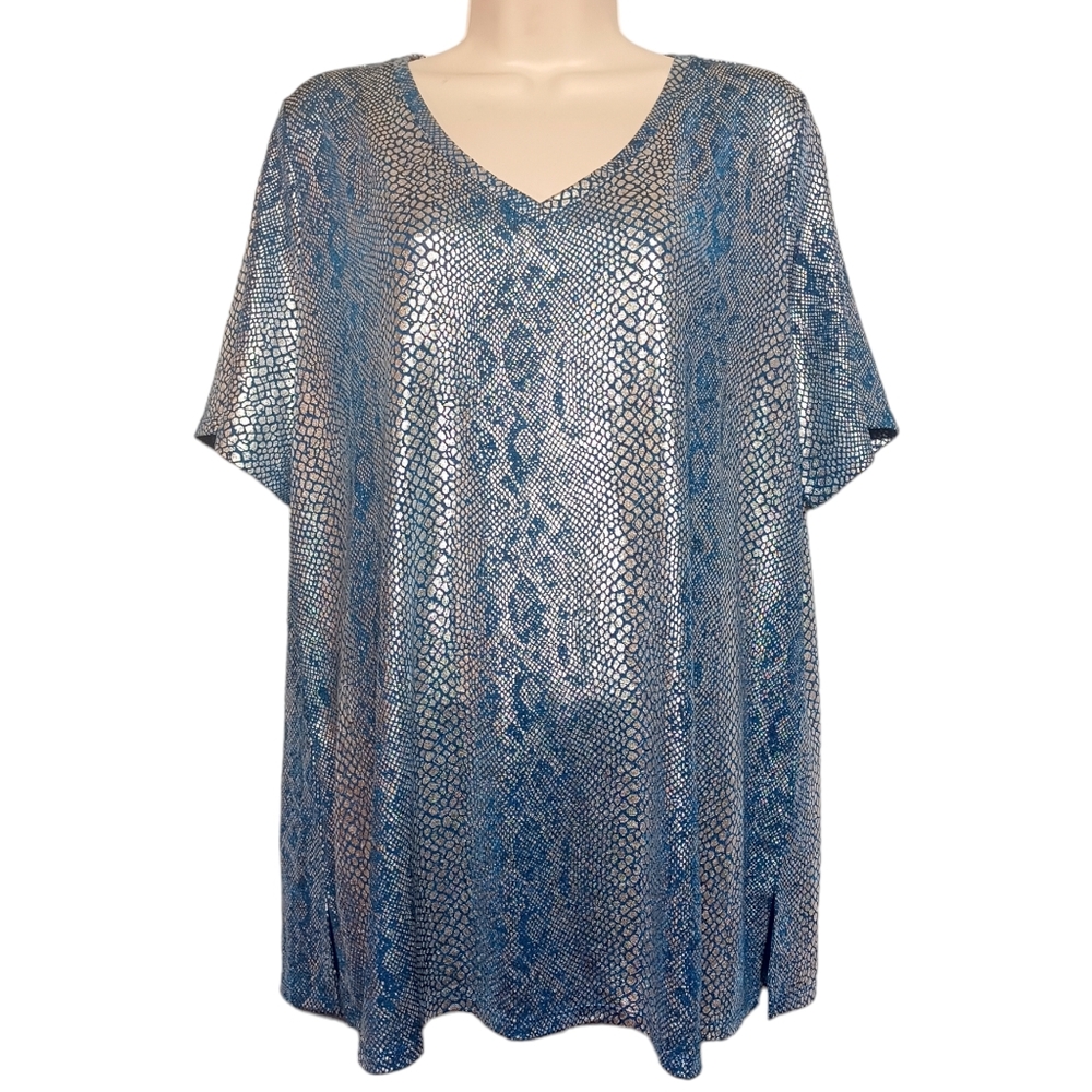 BELLE KIM GRAVEL Silver Metallic Snake Reptile Print Short Sleeve Blue Top Large